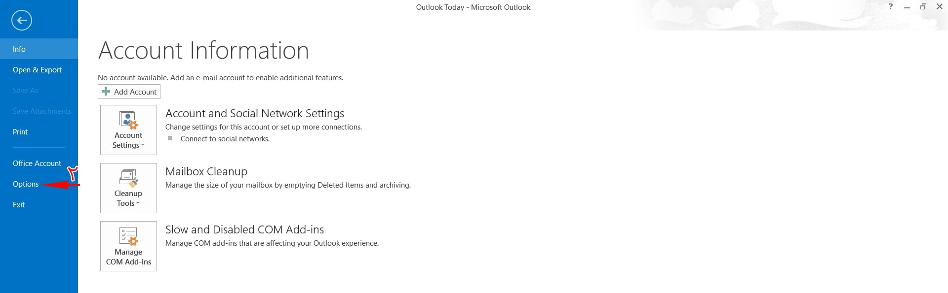گزینه Option در نرم‌افزار Outlook