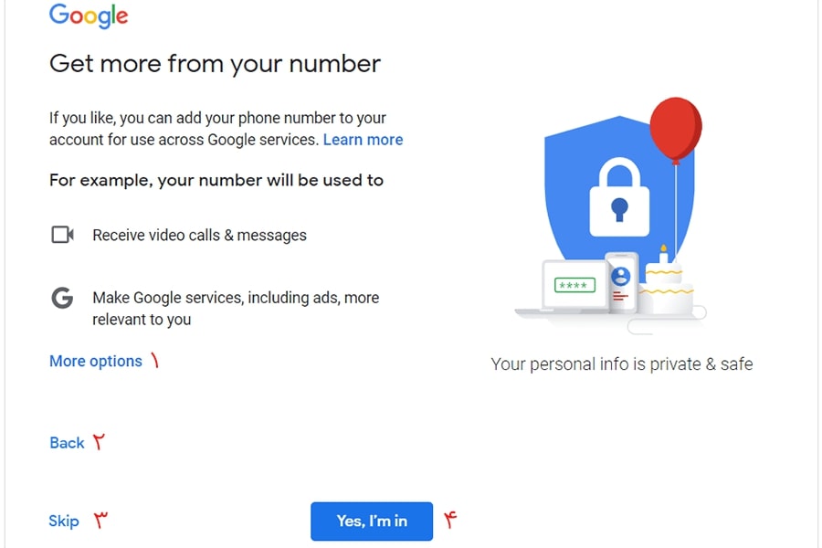 پیشنهاد گوگل برای اضافه کردن شماره تماس به اکانت جهت استفاده از دیگر سرویس‌هایش