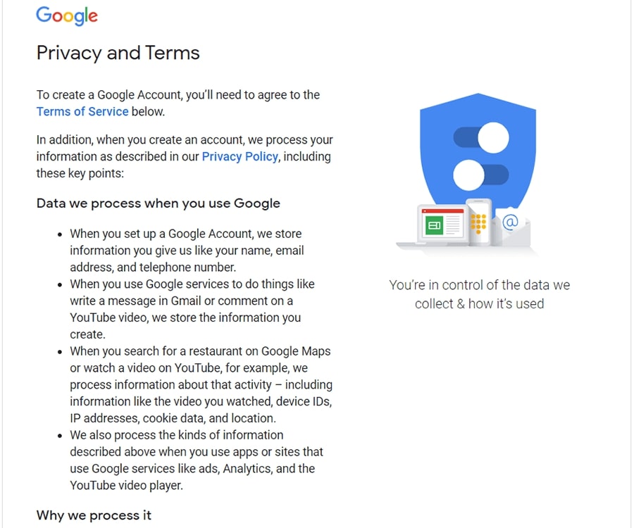 حریم خصوصی، شرایط و قوانین استفاده از سرویس‌های گوگل