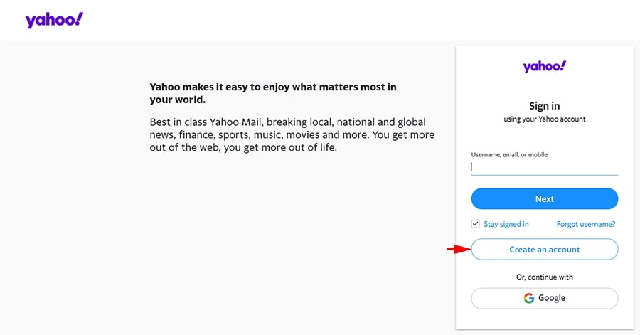 صفحه ورود به Yahoo Mail