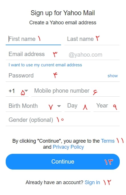 فرم ثبت‌نام جهت ورود اطلاعات حساب کاربری به‌منظور ساختن ایمیل شخصی در یاهو