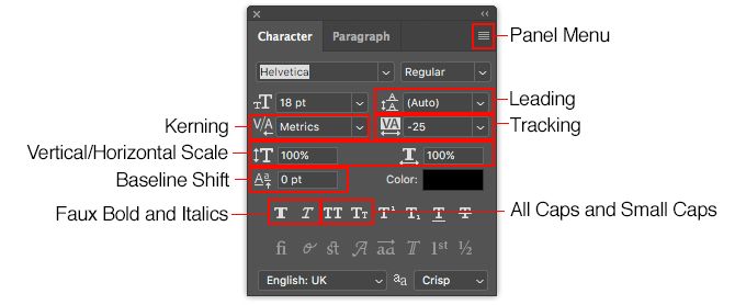 گزینه‌های موجود در Character and Paragraph Panel