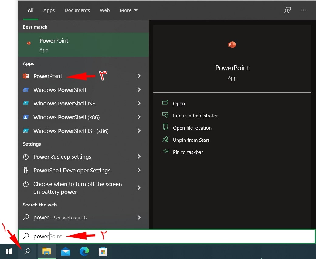 طریقه باز کردن نرم‌افزار پاورپوینت در منوی جستجوی ویندوز