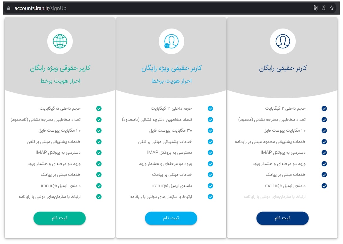 پلن‌های ثبت‌نام در سرویس رایانامه ایران