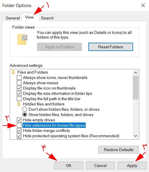 چگونگی آشکار کردن پسوند فایل‌ها در ویندوز