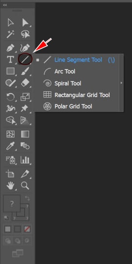 جایگاه Line Segment Tool و ابزارهای زیرمجموعه آن در نوار ابزار ایلوستریتور