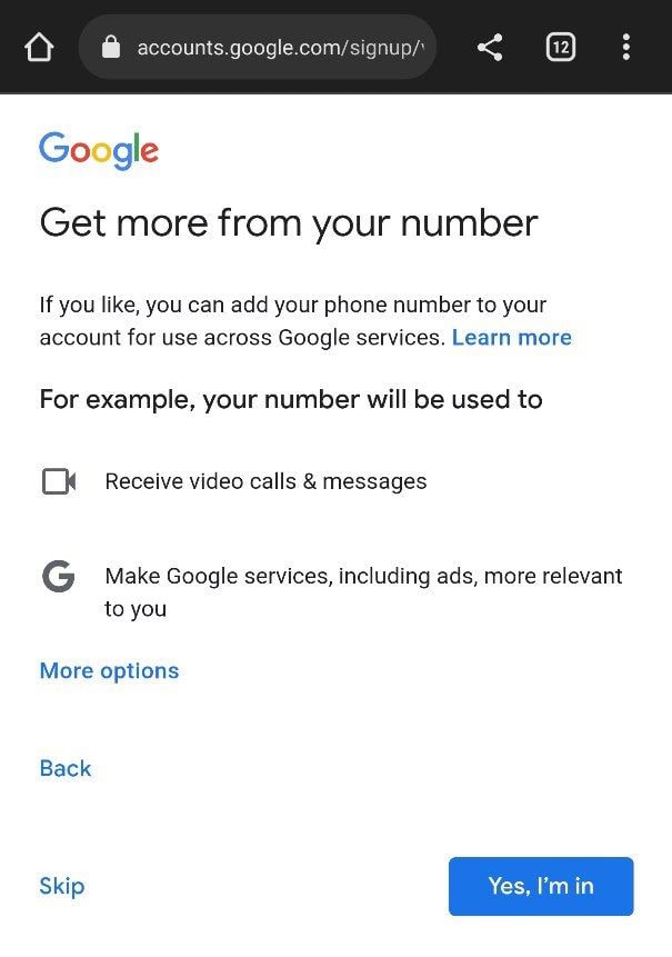 صفحه تأیید مجوز استفاده از شماره تلفن همراه حین ساخت حساب کاربری گوگل