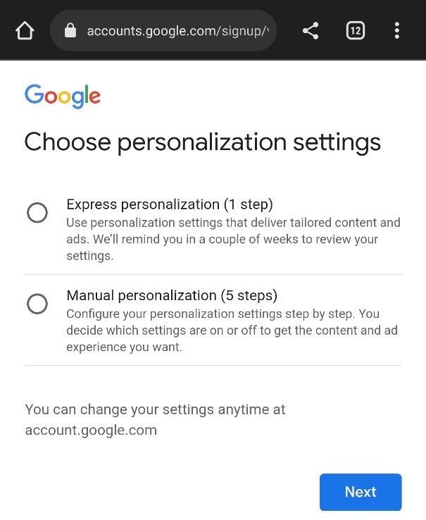 صفحه مربوط به تنظیمات شخصی در ساخت حساب کاربری گوگل