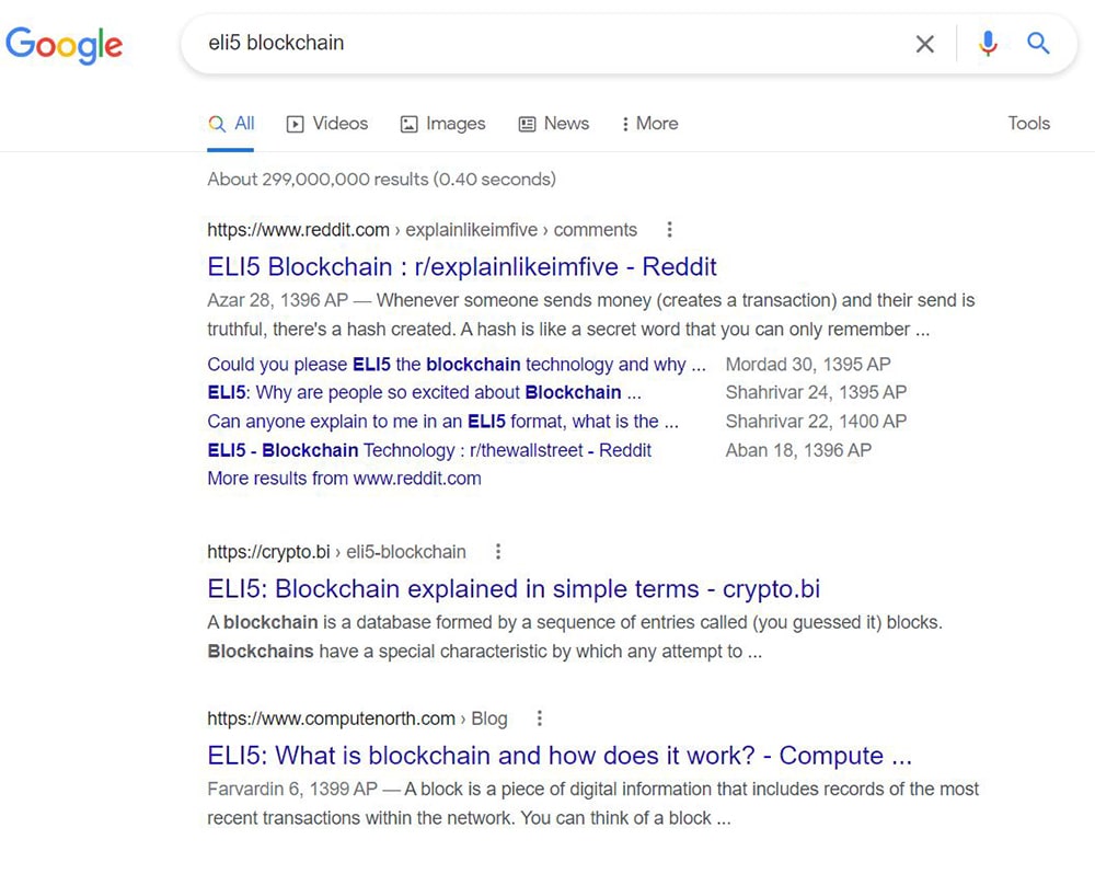 نمونه نتایج eli5 در جستجوی گوگل