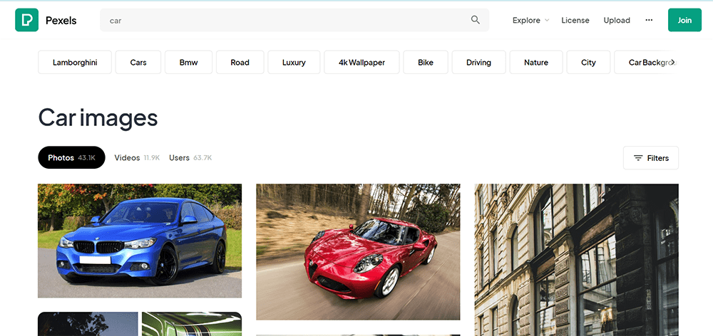 دسته‌بندی مربوط به خودرو در وب‌سایت pexels.com