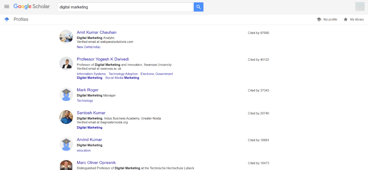 صفحه مربوط به دسته‌ی Profiles در منوی اصلی گوگل اسکولار
