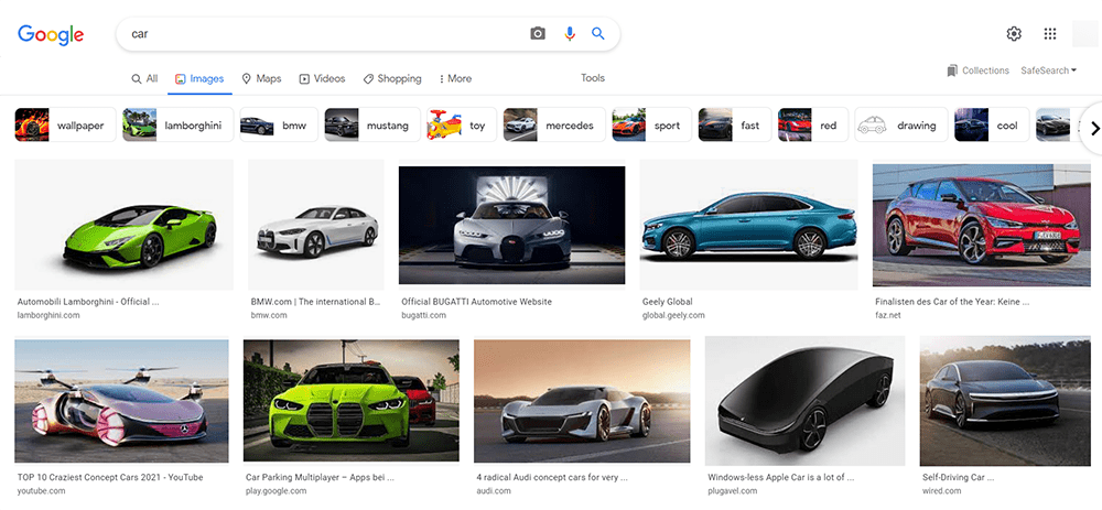 دسته‌بندی مربوط به خودرو در جستجوی تصویر گوگل