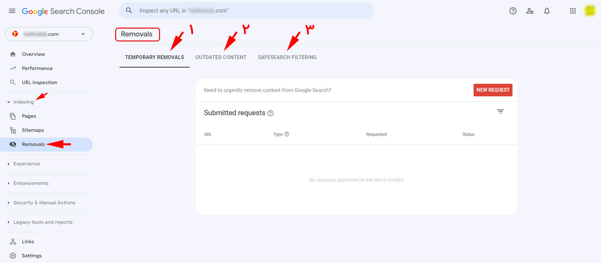 سه زبانه مهم در بخش Removals در داشبورد گوگل سرچ کنسول