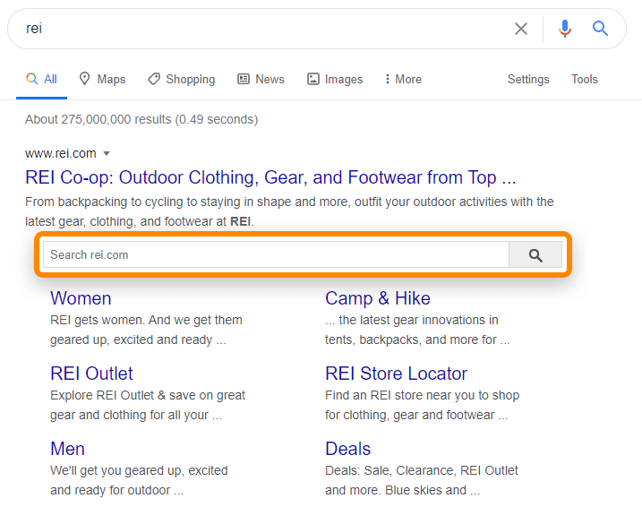نمونه ای از اسکیمای searchbox در نتایج جستجوی گوگل