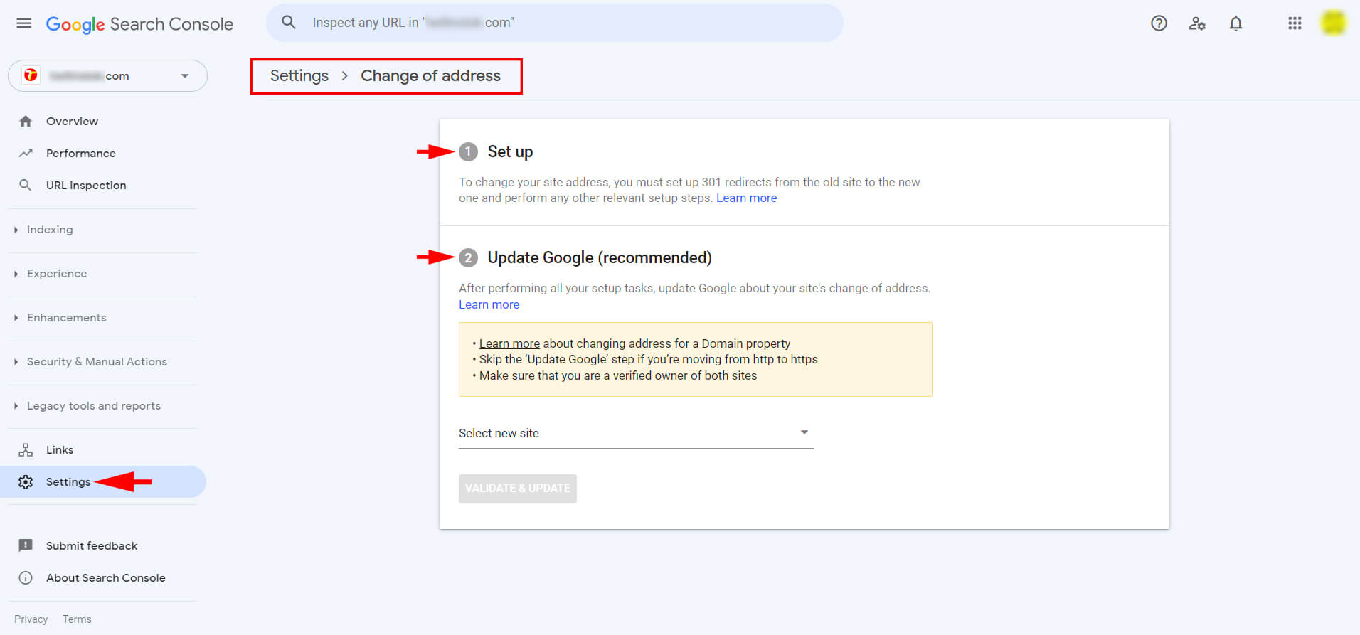 صفحه مربوط به تغییر آدرس دامنه سایت در داشبورد گوگل سرچ کنسول